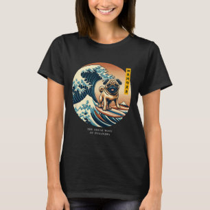 Süßer Pug Kanagawa-Welle Surfen Japanisch Kawaii V T-Shirt