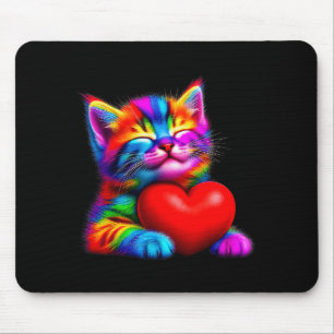 Süßer Regenbogen-Katz umarmt Valentins-Herz-Kitty  Mousepad