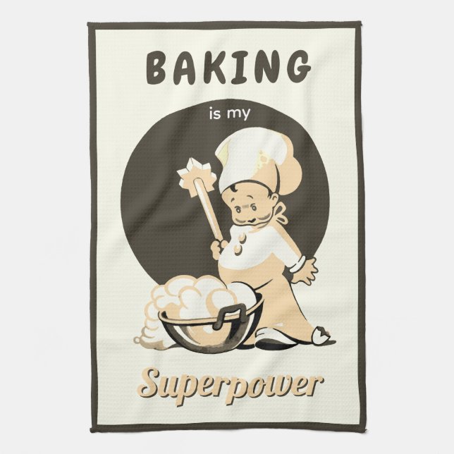 Süßer Retro Vintage Beiger Brauner Junge Bäcker Geschirrtuch (Vertikal)