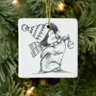 Süßer Retro-Weihnachtspinguin mit Hut und Schal Keramikornament