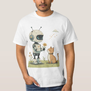 Süßer Roboter gibt Katze Blumen Süße Kinderkunst T-Shirt