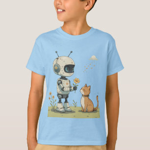 Süßer Roboter gibt Katze Blumen Süße Kinderkunst T-Shirt