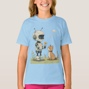 Süßer Roboter gibt Katze Blumen Süße Kinderkunst T-Shirt