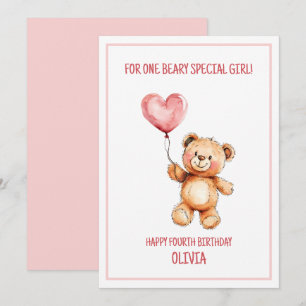 Süßer rosa Ballon-Teddybär Glücklicher 4. Geburtst Karte