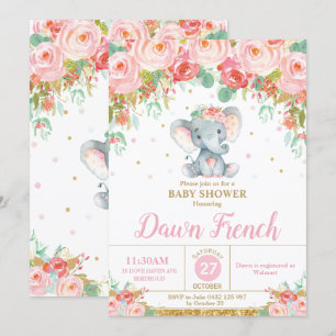 Süßer Rosa Blumen-Elefanten-Baby-Shower-Baby-Mädch Einladung