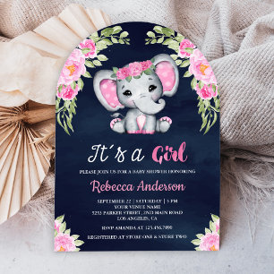 Süßer Rosa Blumen-Elefanten-Bogen Navy Baby Shower Einladung