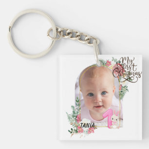 Süßer rosa Blumenrahmen Baby Mädchen Erstes Weihna Schlüsselanhänger
