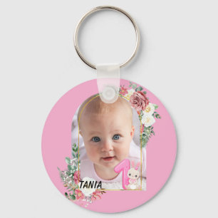 Süßer rosa Blumenrahmen Baby Mädchen Erstes Weihna Schlüsselanhänger