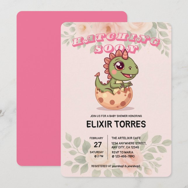 Süßer Rosa Dino schlüpft bald Einladung (Vorne/Hinten)