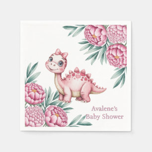 Süßer Rosa Dinosaurier und Pfingstrosen-Baby-Party Serviette