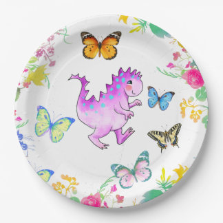 Süßer rosa Drache und Blumen Pappteller