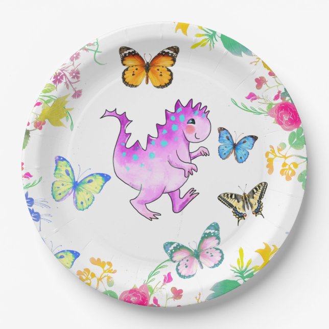 Süßer rosa Drache und Blumen Pappteller (Vorderseite)