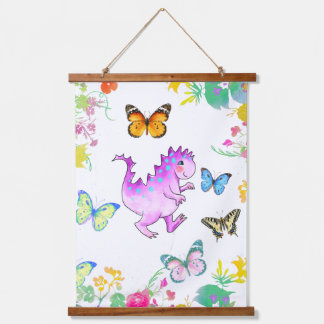 Süßer rosa Drache und Blumen Wandteppich Mit Holzrahmen