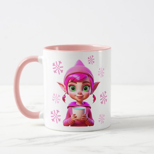 Süßer rosa Elf mit Kaffee oder Kakao Weihnachten Tasse (Links)