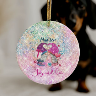 Süßer rosa falscher Glitter-Gnom Weihnachtsmonogra Keramik Ornament