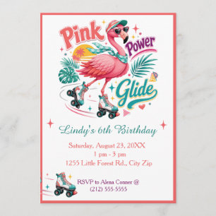 Süßer Rosa Flamingo auf Rollschuhen Party Einladung
