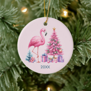 Süßer rosa Flamingo Name Jahr hinzufügen  Keramik Ornament