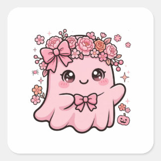 Süßer rosa Geist mit Blumen Halloween Quadratischer Aufkleber