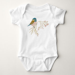 Süßer Rosa Gold Meisen Vogel Florale Herzen Baby Strampler
