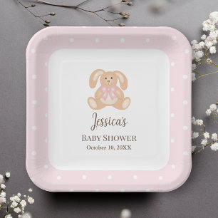 Süßer rosa Hase mit Punkten Mädchen Baby Shower Pappteller