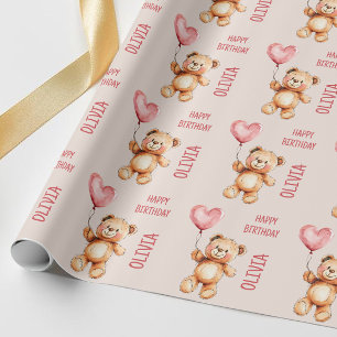 Süßer Rosa Kindername Wasserfarben Bär Alles Gute Geschenkpapier