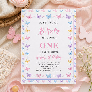 Süßer Rosa Lila Schmetterling 1. Geburtstag für Mä Einladung