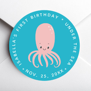 Süßer rosa Oktopus unter dem Meer 1. Geburtstag Bl Runder Aufkleber