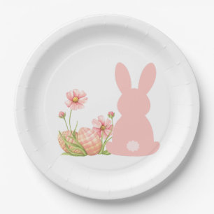 Süßer rosa Osterhase mit Frühlingsblumen Pappteller