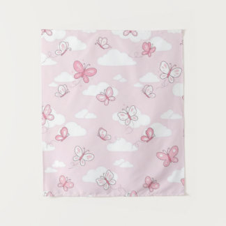 Süßer Rosa Schmetterling Pastellwolken Kinderzimme Wandteppich