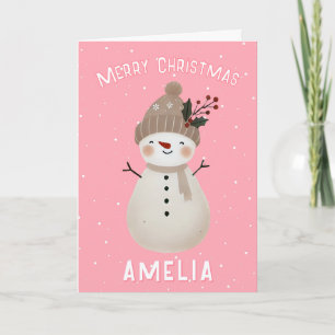 Süßer rosa Schneemann Kind`s Name Frohe Weihnachte Karte