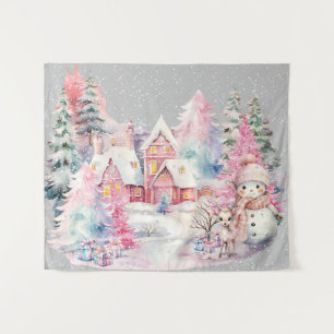 Süßer rosa Schneemann Winter Wonderland Wandteppich