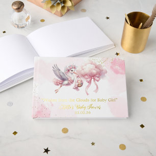 Süßer rosa Storch mit Wolke Baby-Mädchen-Party Gästebuch