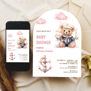 Süßer Rosa Teddybär Nautical Mädchen Baby Shower Einladung