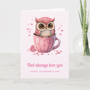 Süßer rosa Uhu in einem Becher zum Valentinstag Karte