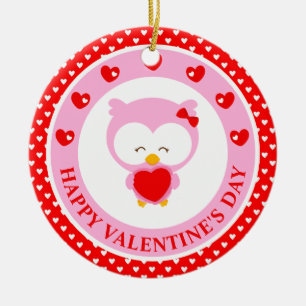Süßer rosa Uhu und Herzen Valentinstag Keramik Ornament