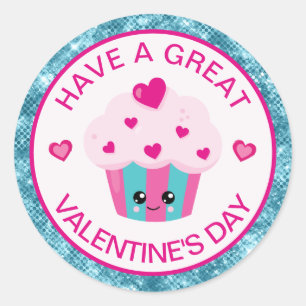 Süßer rosa und blauer Herz-Cupcake zum Valentinsta Runder Aufkleber