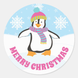 Süßer rosa und blauer Hut Weihnachts Pinguin Runder Aufkleber