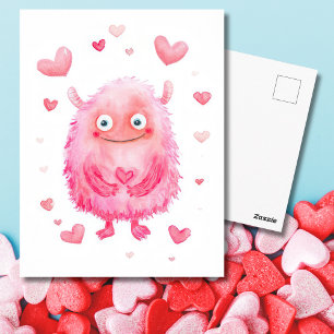 Süßer rosa Valentinsmonster Valentinstagskarte Postkarte