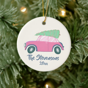 Süßer rosa Wasserfarben-Auto-Weihnachtsbaum person Keramik Ornament