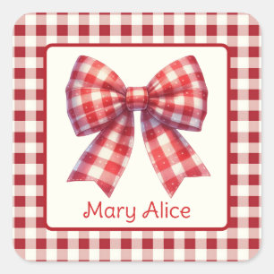 Süßer Rot-Creme-Gingham-Bogen Quadratischer Aufkleber