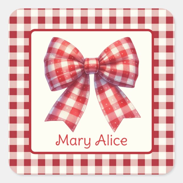 Süßer Rot-Creme-Gingham-Bogen Quadratischer Aufkleber (Vorderseite)
