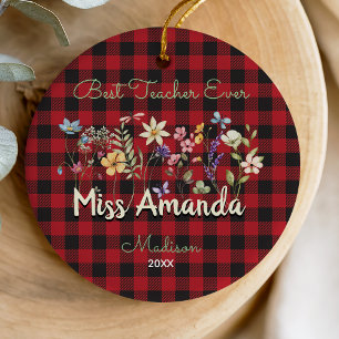 Süßer roter Büffelkariert-Blumen-Lehrer-Weihnachte Keramik Ornament