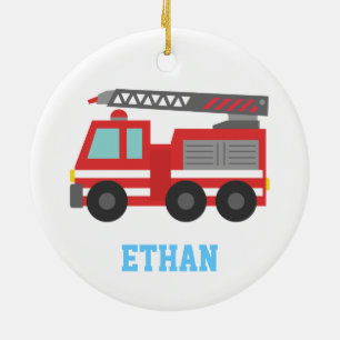 Süßer roter Feuerwehrwagen für Jungen, Name Keramikornament