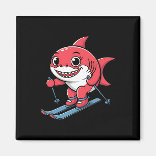 Süßer roter Hai auf Skiern Alpine Winter Cartoon Magnet