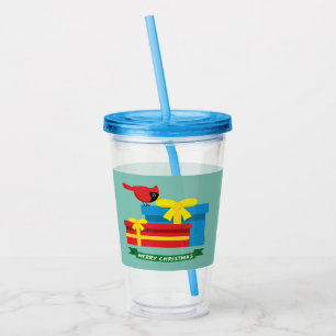 Süßer roter Kardinal öffnet ein blaues Geschenk Acryltrinkbecher