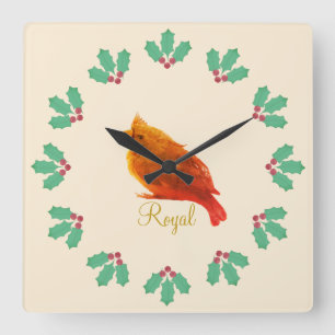 Süßer roter königlicher Vogel & Stechpalmenbeeren Quadratische Wanduhr