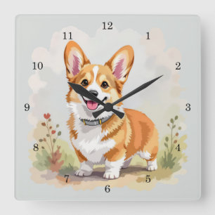 Süßer roter Pembroke Welsh Corgi Hund Quadratische Wanduhr