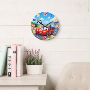 Süßer roter Rennwagen-Kinderwanduhr Große Wanduhr