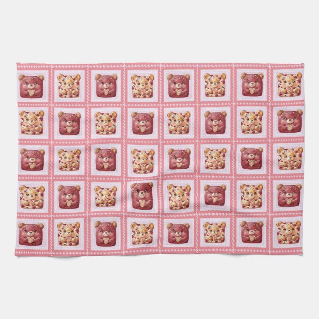 Süßer Roter Samt Patchwork-Keks-Teddybär Geschirrtuch (Horizontal)