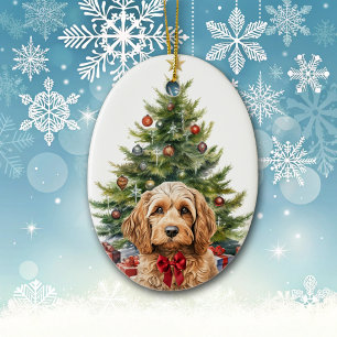 Süßer roter Schleife Cockapoo Hund Weihnachten Keramik Ornament